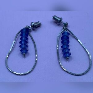 Silver Tone Teardrop Drop Earrings Blue Crystal Bead Dangle Women's Jewelry 2"